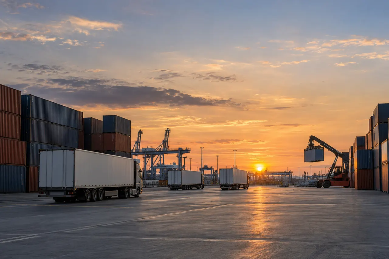 Remolques y contenedores alineados en una terminal de carga mientras cae la tarde.